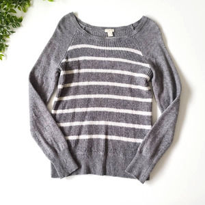 J. Crew Warmspun Waffle Knit Merino Wool Gray Striped Pullover Sweater Medium